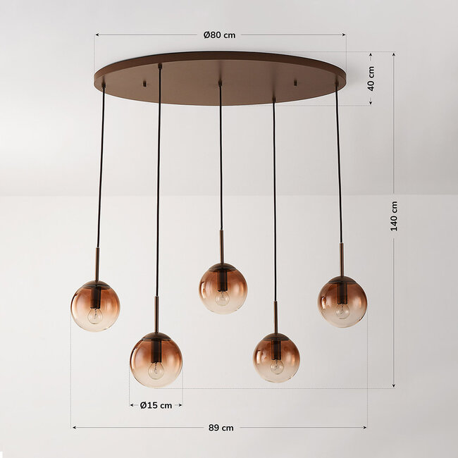 Nira pendant light with brown ombre glass spheres, 5-light