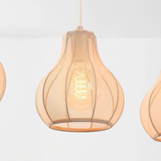 Japandi pendant light Senji with three linen shades - sand taupe
