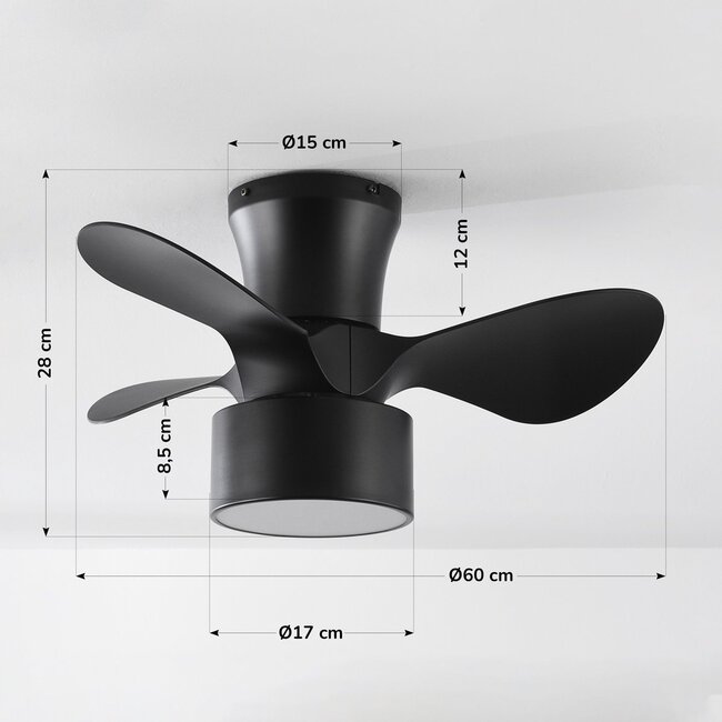 Compact ceiling fan Vejas - black with adjustable colour temperature