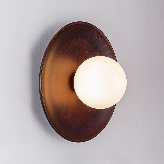 Ruva Wall Light in Dark Wood and Opal White Glass