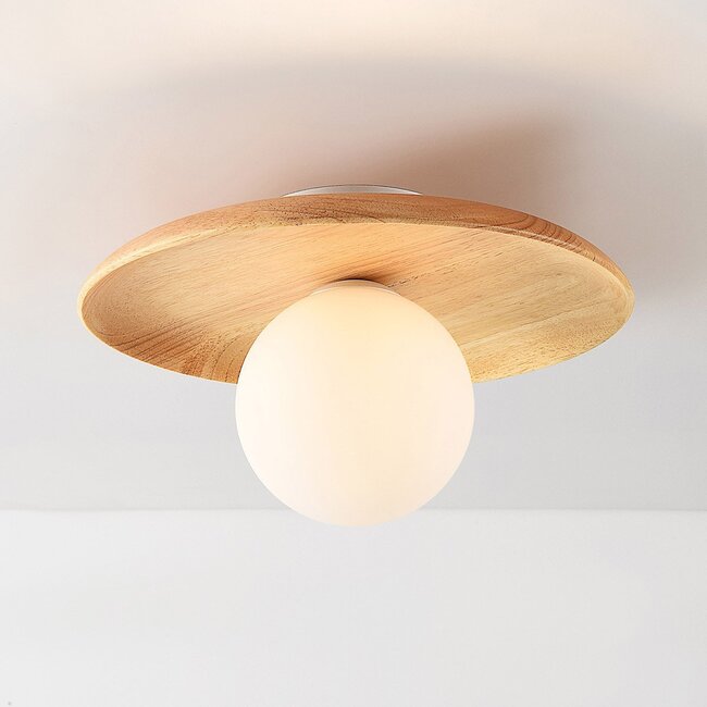 Ruvo Ceiling Light in light wood and opal white glass globe