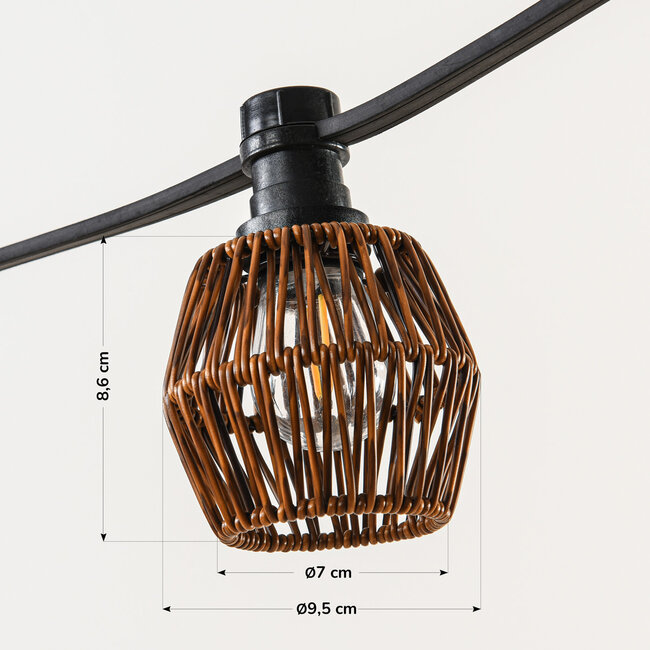 Festoon lighting set including dark rattan-look shades, available with different LED bulbs