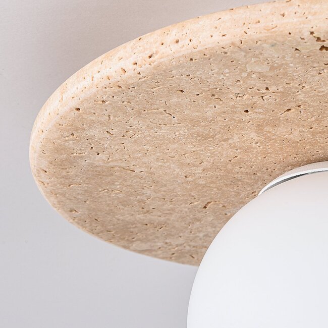 Ceiling light Cenno with travertine look and opal white glass