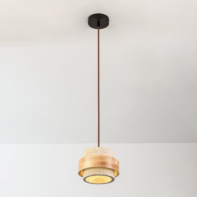 Japandi pendant light Travo - travertine (natural stone) and light wood