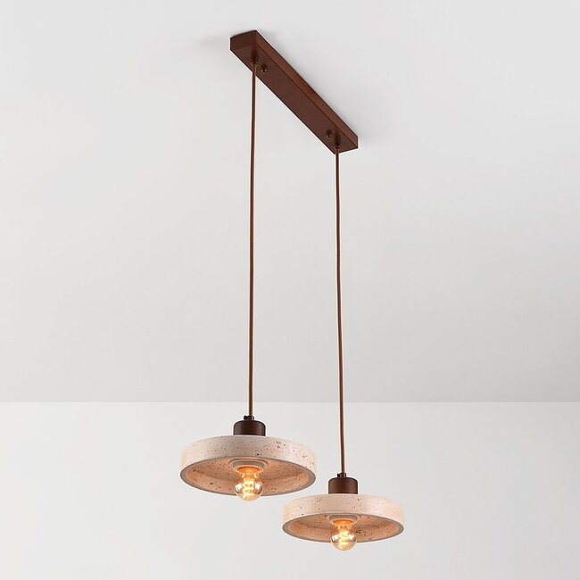 Japandi 2-light Salvi pendant light in travertine (natural stone) and wood