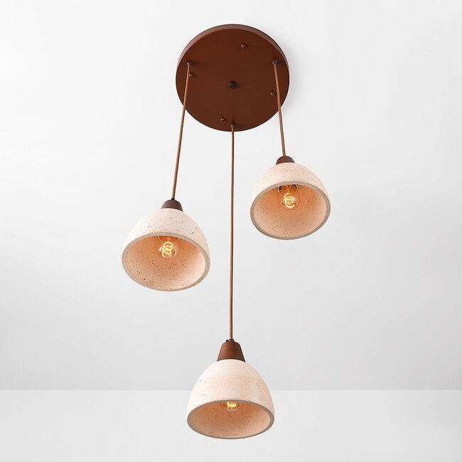 3-light Japandi pendant light Marena in travertine (natural stone) and wood