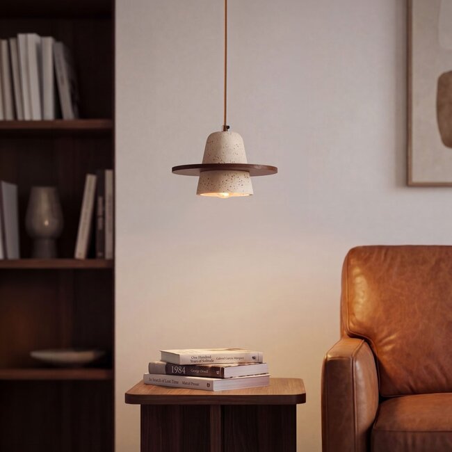 Pendant light Caelio in travertine (natural stone) with wooden detail