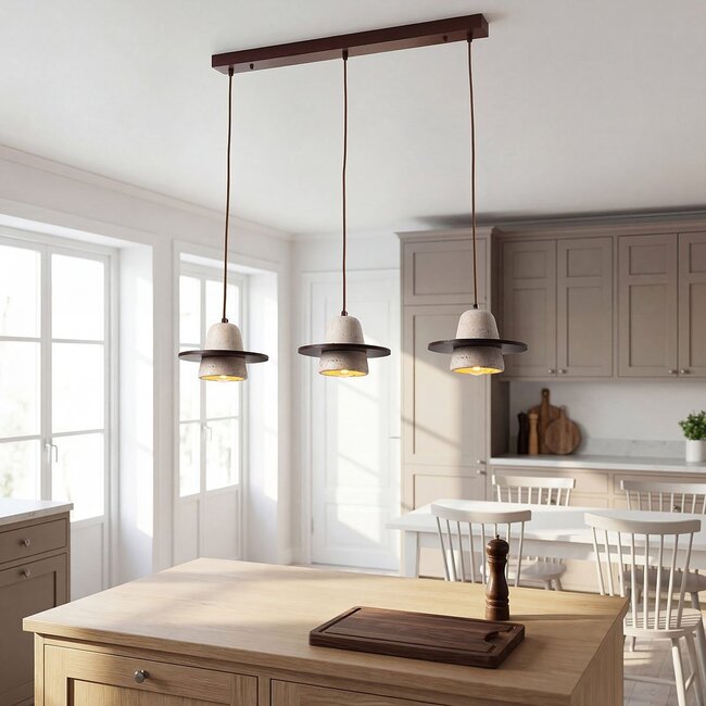 3-light Japandi pendant light Caelio in travertine (natural stone) with wood details