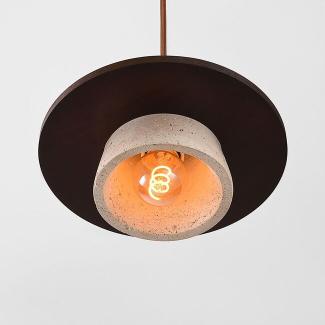 3-light Japandi pendant light Caelio in travertine (natural stone) with wood details