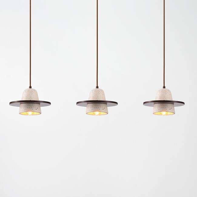 3-light Japandi pendant light Caelio in travertine (natural stone) with wood details