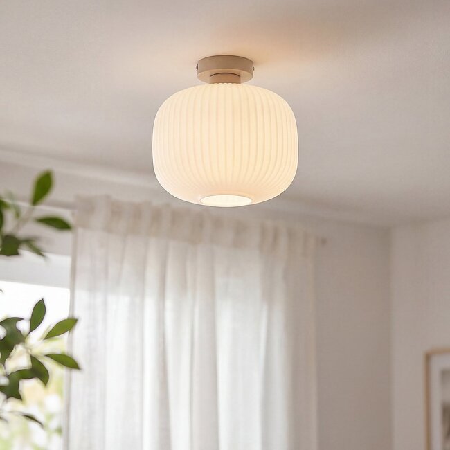 Ilyana ribbed opal white glass ceiling light in beige