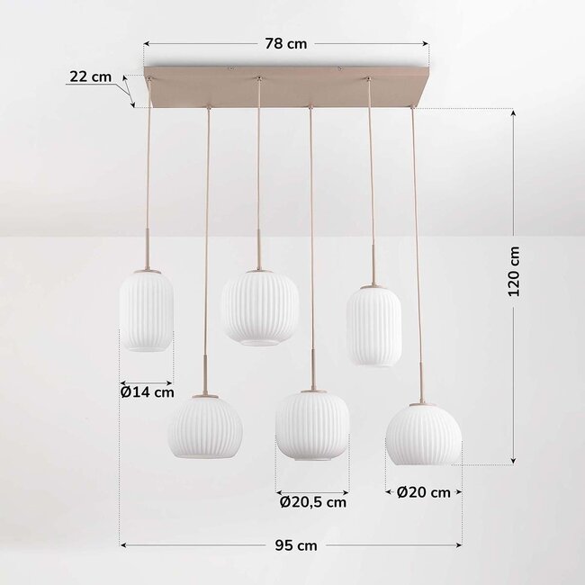 6-light pendant light Odalyn - beige with ribbed opal white glass