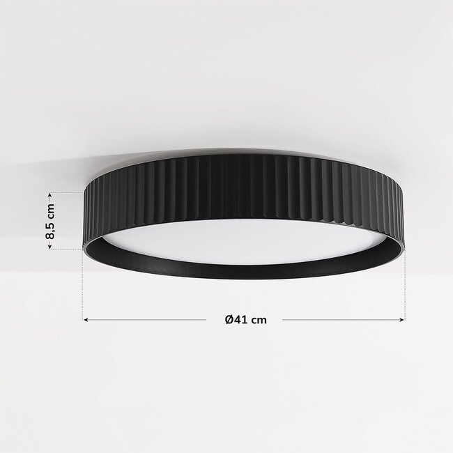 Modern Palomo black ceiling light with ribbed edge and 3-step dimmable LEDs