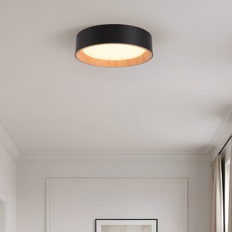 LED ceiling light Larios, 3-step dimmable Ø29 cm - black with wood accent