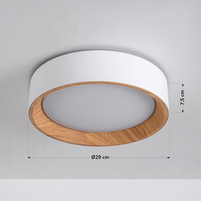 LED ceiling light Larios, 3-step dimmable Ø29 cm - white with wood accent