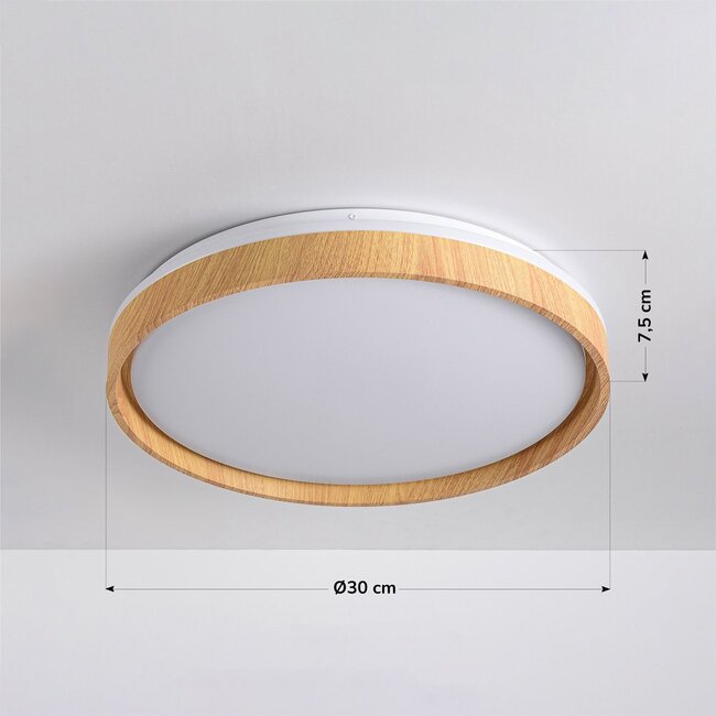 LED ceiling light Britta, 3-step dimmable Ø30 cm - white with wood accent