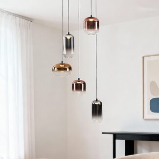 3-step dimmable pendant light Kafei with LED and glass globes in gold, smoked and copper