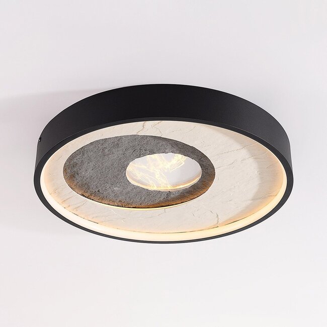 ceiling light Cercul black with grey and off-white stone effect Ø40 cm, 3-step dimmable
