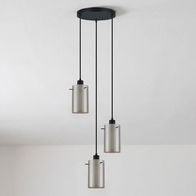 Modern Matt black pendant lamp with smoked glass, 3-light - Akron