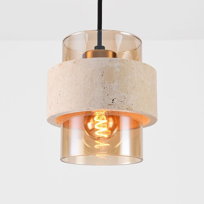 Pendant light Yuki with travertine (natural stone) and amber glass