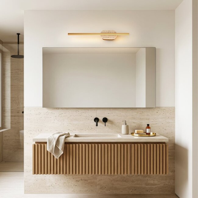Bathroom wall light Lima with Integrated LED and travertine (natural stone) - gold