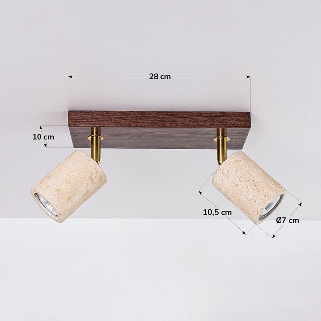 Ceiling light Orven with 2 adjustable spotlights in travertine (natural stone) and wood effect