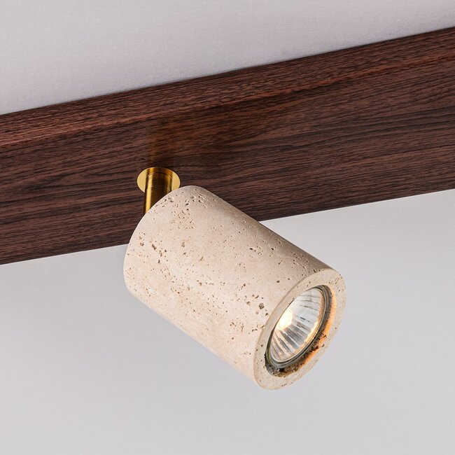 Ceiling lamp Cerno with 3 rotatable travertine (natural stone) spotlights and wood look