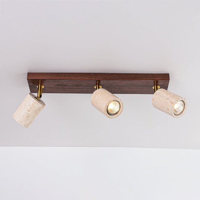 Ceiling lamp Cerno with 3 rotatable travertine (natural stone) spotlights and wood look