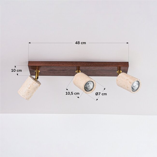Ceiling lamp Cerno with 3 rotatable travertine (natural stone) spotlights and wood look