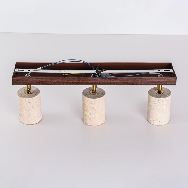 Ceiling lamp Cerno with 3 rotatable travertine (natural stone) spotlights and wood look