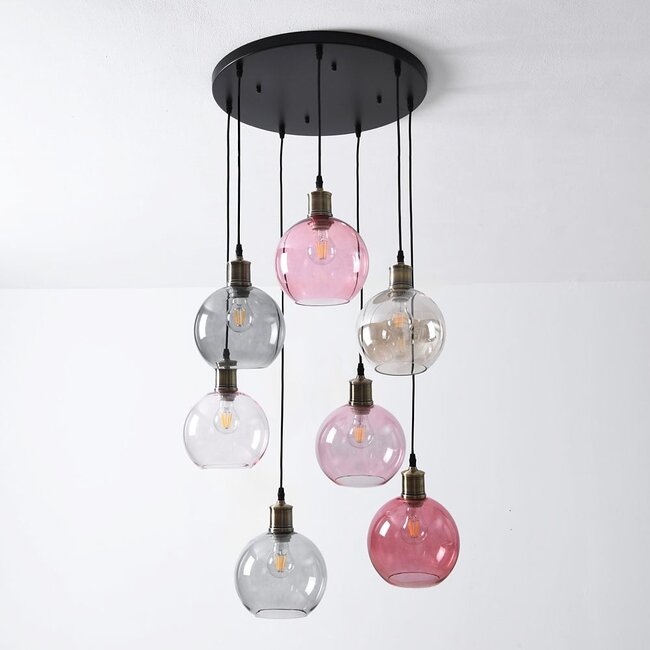7-light pendant light Liya with coloured glass - smoked, amber and pink