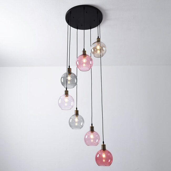7-light pendant light Liya with coloured glass - smoked, amber and pink