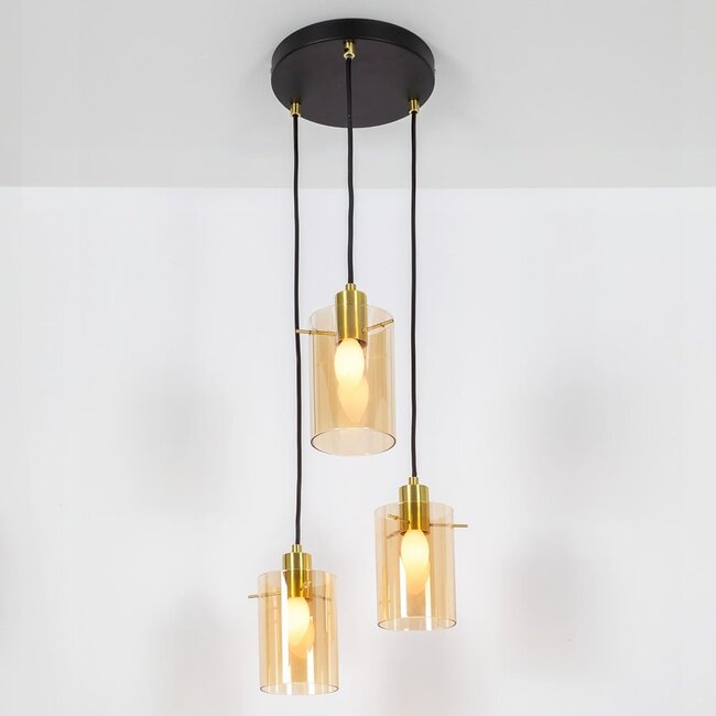 Modern Matt black with sand Gold pendant lamp with amber-coloured glass, 3-light - Arlington