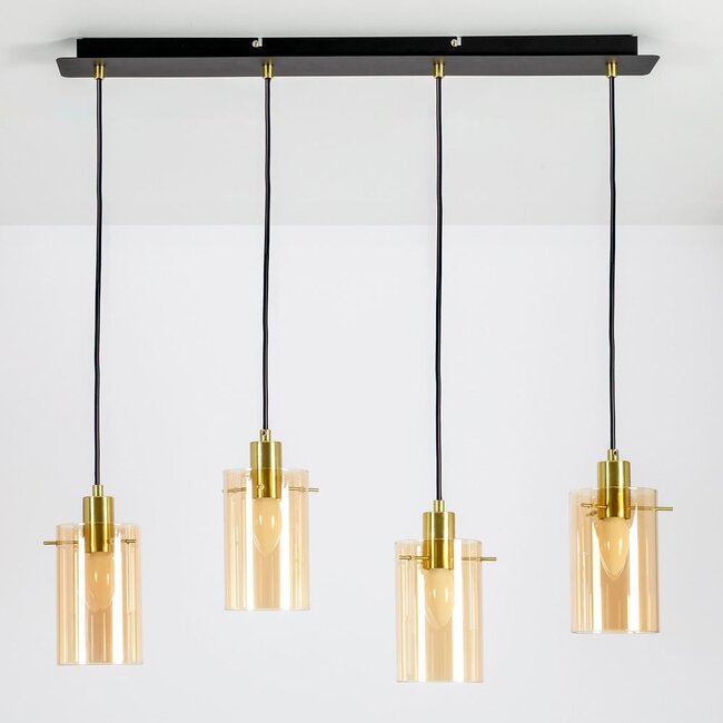 Industrial matt black and sand gold pendant lamp with amber glass 4-light - Tuscon