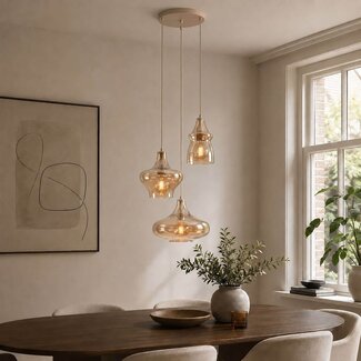 3-light pendant light Trinidad with Amber glass - beige