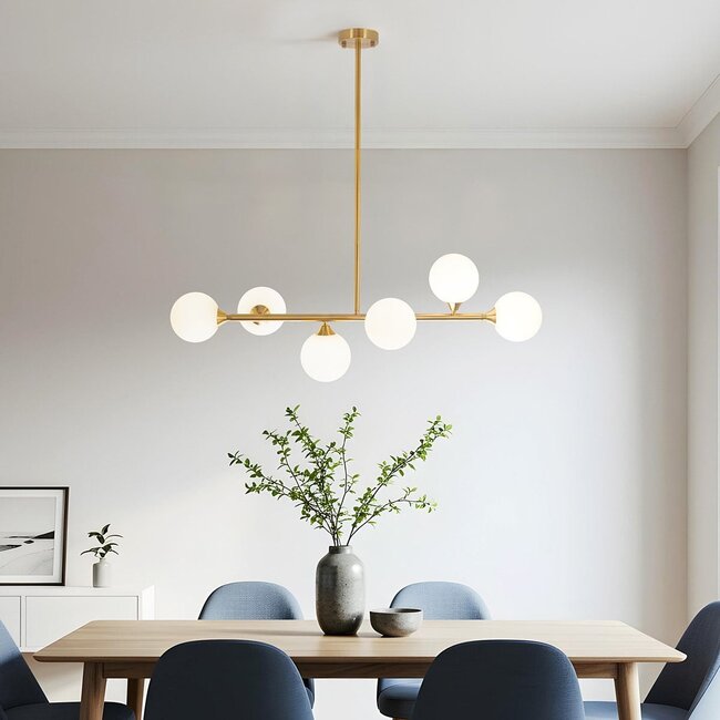 Designer ceiling lamp in Gold with opal white glass, 6-light - Aster