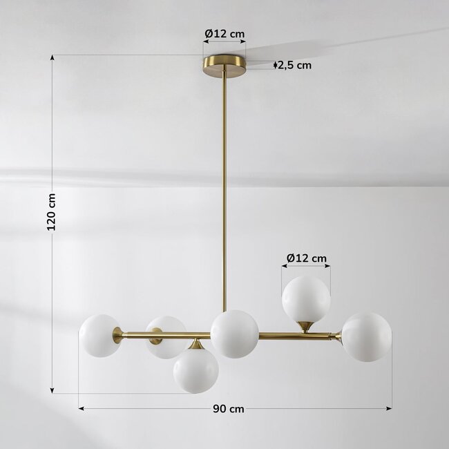 Designer ceiling lamp in Gold with opal white glass, 6-light - Aster