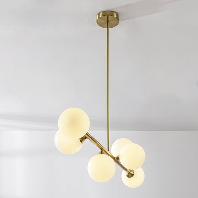 Designer ceiling lamp in Gold with opal white glass, 6-light - Aster