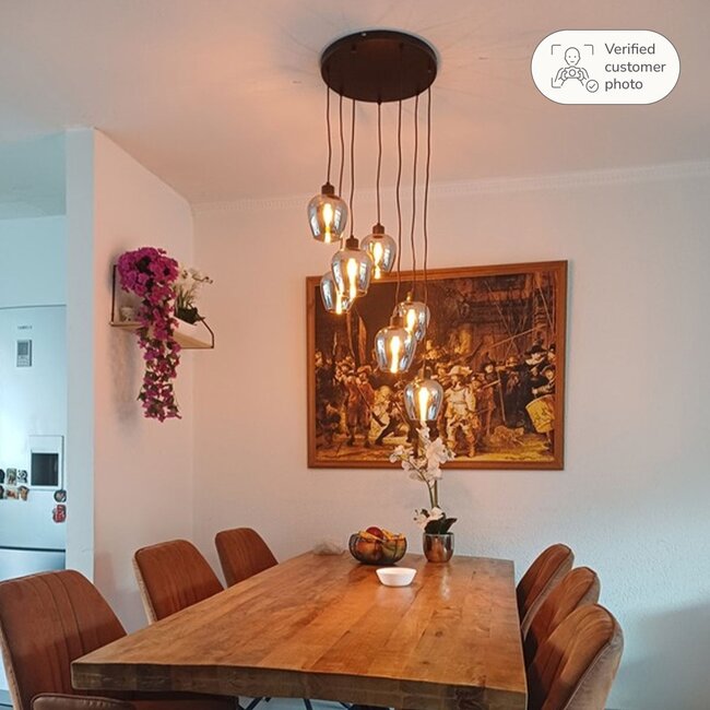 7-light pendant lamp in Black with Smoked glass grey glass - Hollister