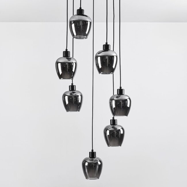 7-light pendant lamp in Black with Smoked glass grey glass - Hollister