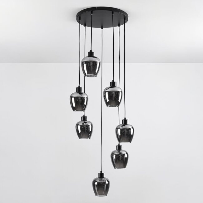 7-light pendant lamp in Black with Smoked glass grey glass - Hollister