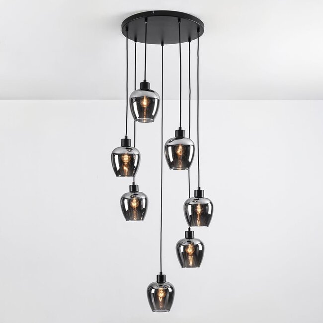 7-light pendant lamp in Black with Smoked glass grey glass - Hollister