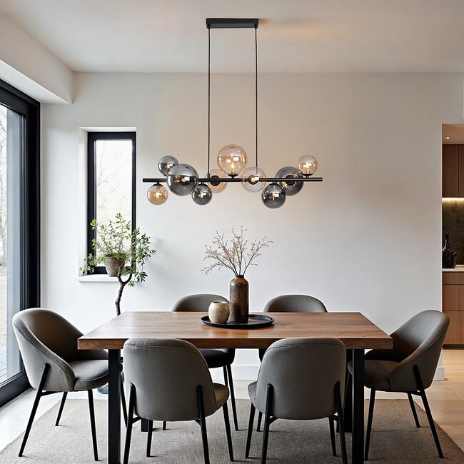 Designer lighting Deka black pendant lamp with amber and smoked glass, 10-light