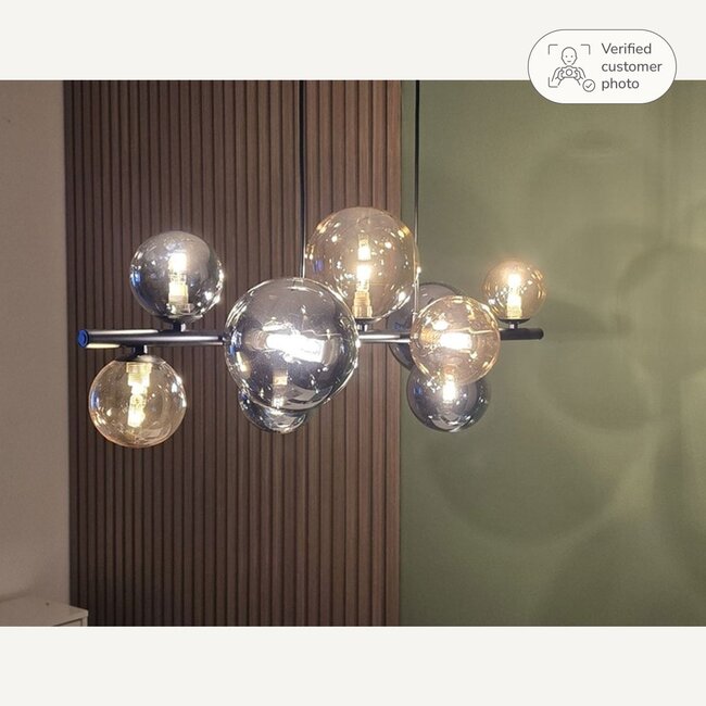 Designer lighting Deka black pendant lamp with amber and smoked glass, 10-light