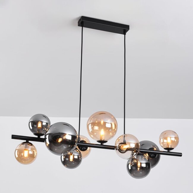 Designer lighting Deka black pendant lamp with amber and smoked glass, 10-light