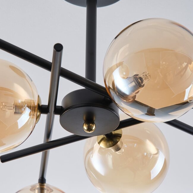 Ceiling light Venezia black with amber glass, 6-light