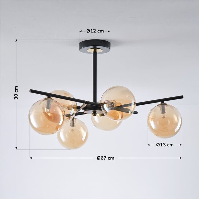 Ceiling light Venezia black with amber glass, 6-light