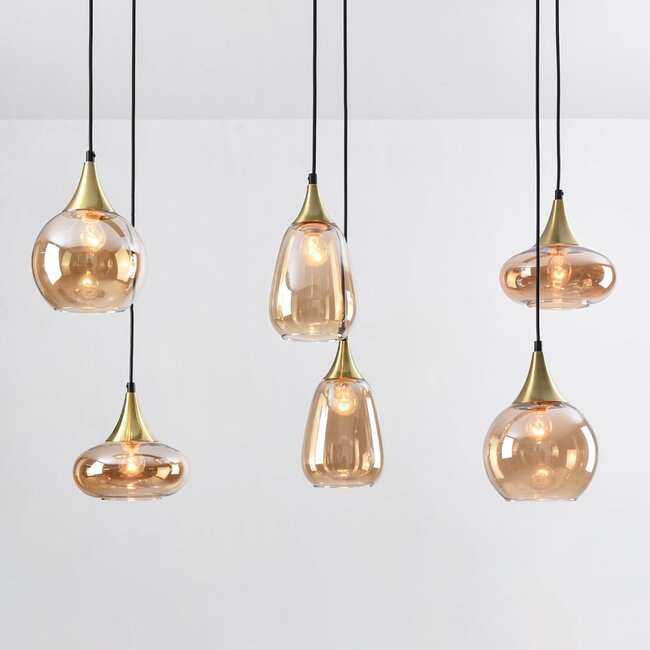 Pendant lamp Gold with Amber glass, 6-light - Loic
