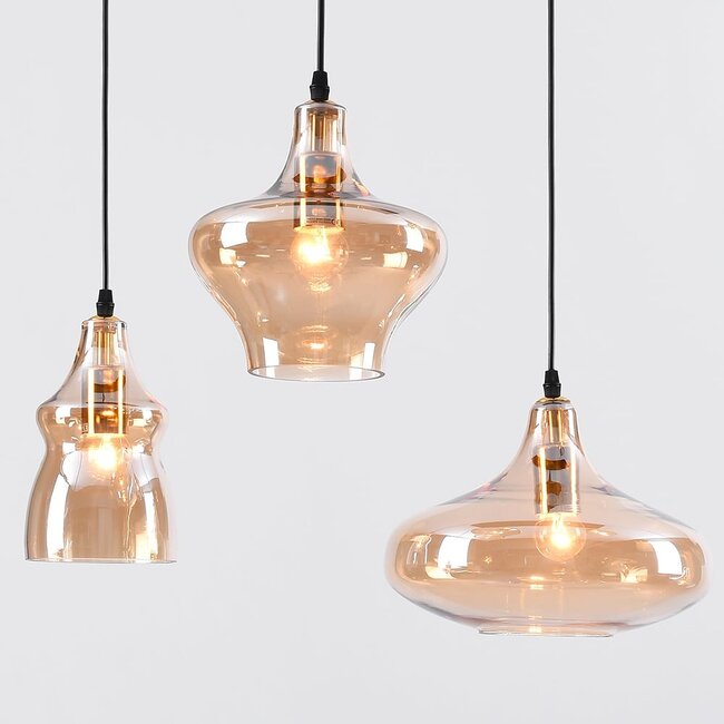6-light designer lighting pendant lamp Trinidad Black with Amber glass
