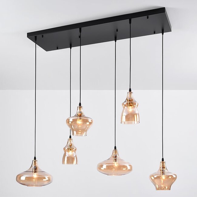 6-light designer lighting pendant lamp Trinidad Black with Amber glass